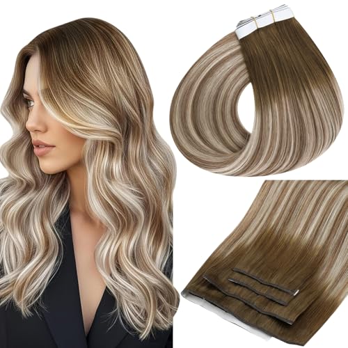 Image of Full Shine Long Weft Wide Tape in Hair Extensions Human Hair Color 3 Brown Fading 8 Brown and 22 Blonde 22 Inch Invisible Hand Tied Hair Extensions Tape in 120g Soft and Silky 4PCS