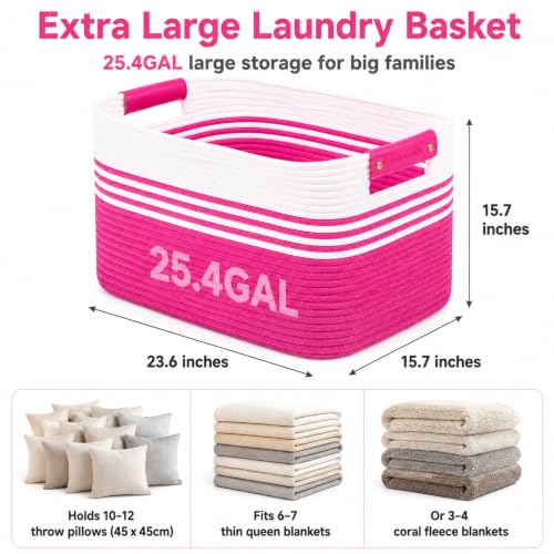 Image of 25.4GAL Collapsible Cotton Rope Extra Large Storage Basket For Bedroom Closet, Boho Rectangular Big Short Hamper Woven Storage Baskets for Living Room Throw Pillows Blankets Dirty Clothes,Hot Pink