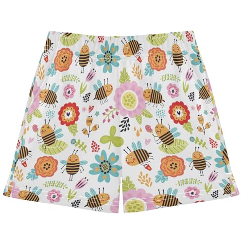 pnyoin Girl's Shorts Cute Bee Colorful Flowers Athletic Running Shorts with Pockets Size 12-13t Multi