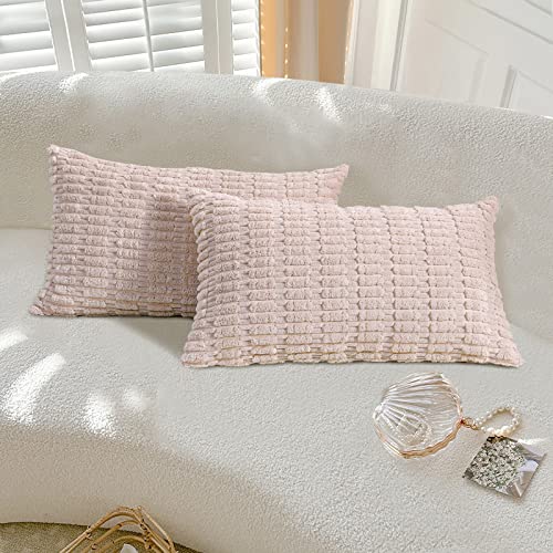 Lewondr Corduroy Throw Pillow Covers, 2 Pack Square Solid Color Decorative Pillow Covers Farmhouse Boho Throw Pillow Case For Home Couch Car Bed Sofa Living Room Decor 12X20Inch(30X50Cm), Pink #TOP2