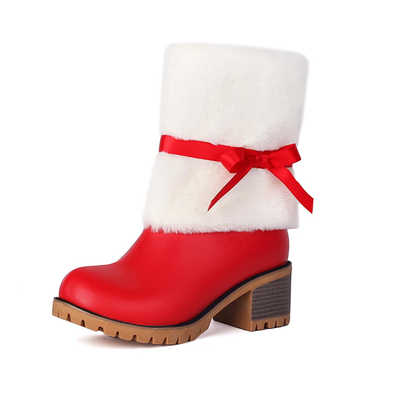 Cantianshu Sweet Womens Bowknot Furry Christmas Ankle Boots Chunky Heel Suede Snow Boots