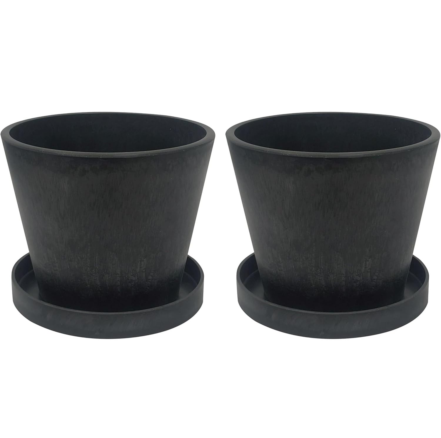 Olly & Rose Black Artstone Cloudy Pack 2 With Saucers - 17Cm Medium Plant Pots Outdoor And Indoor - Planters - Flower Pots