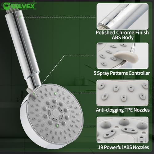 Regadera SOLVEX con mango, regadera de alta presión de 5 modos, boquillas antiobstrucción y alto caudal, manguera de acero inoxidable hermética y soporte ajustable SP-92052 miniatura 2