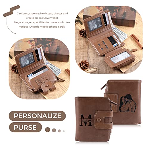 Nobelook Personalized Wallet for men Custom Engraved Mens Wallets with Photo Monogram Name Trifold Vertical Short Leather Wallet Lock Zipper Purse for Father Dad Husband Son BF2