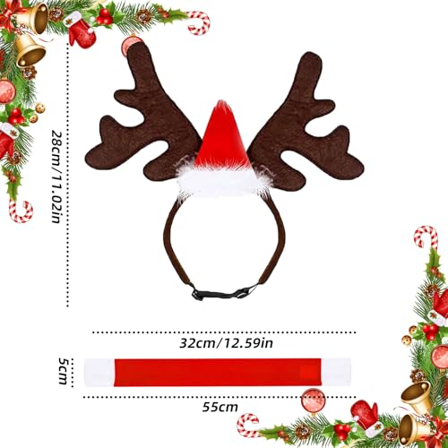 Ajuanbazha Weihnachten Haustier Stirnband Set, Rentier Geweih Haarreif mit Weihnachtsmütze für Hund