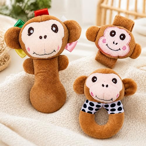 Image of Toyshine Pack of 3 Cute Animal Face Baby Hand Rattles Safe Lightweight and Easy to Hold Soft Stuffed Handy Rattles for Babies Infant Toddlers 6-12 Months - Monkey