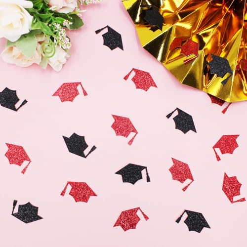 Image of 200PC Black Red Grad Cap Graduation Confetti for Table Glitter Graduation Hat Table Scatter for Class of 2026 Grad Party Decorations
