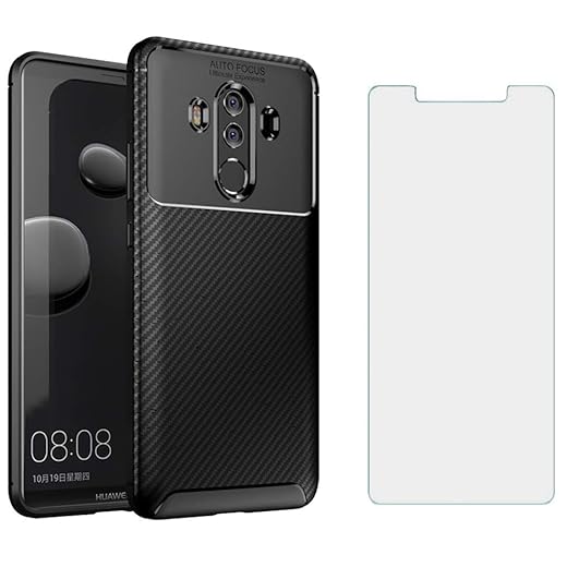 Phone Case for Huawei Mate 10 Pro with Tempered Glass Screen Protector Cover and Cell Accessories Slim Thin Rugged Soft TPU Silicone Carbon Fiber Hawaii Mate10Pro Mate10 10Pro Cases Women Men Black