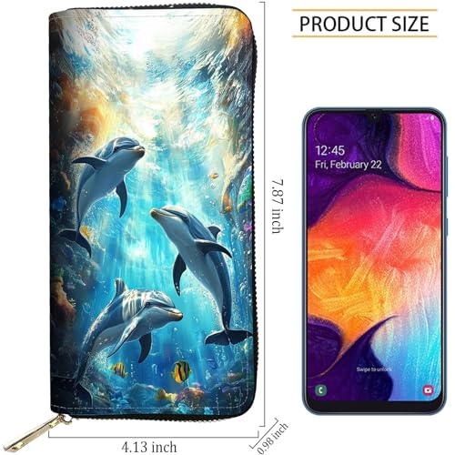 Image of RFID Blocking Leather Wallet for Women - Large Capacity Zip Around Clutch with 8 Card Slots,23 Cash Pockets & Coin Zipper,Cute Dolphin