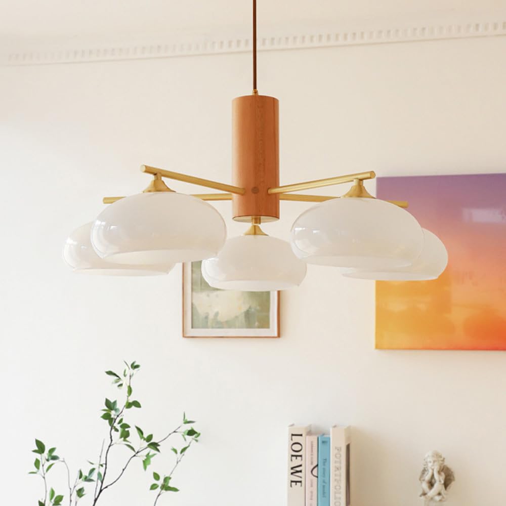 GGBBJJ Mid Century Modern Chandelier Wood Milk Glass Ceiling Pendant Light Vintage Rustic Hanging Lamp Large Round Farmhouse Chandeliers for Dining Room Living Room Bedroom Kitchen Bar