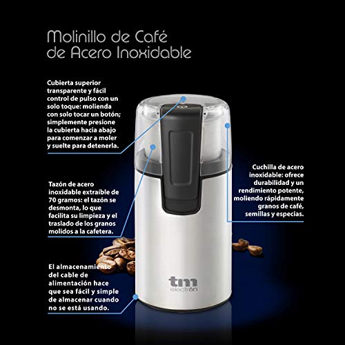 TM Electron TMPCG001 molinillo eléctrico para todo tipo de granos de café, cuchillas de acero inoxidable, cubierta… - Imagen 3
