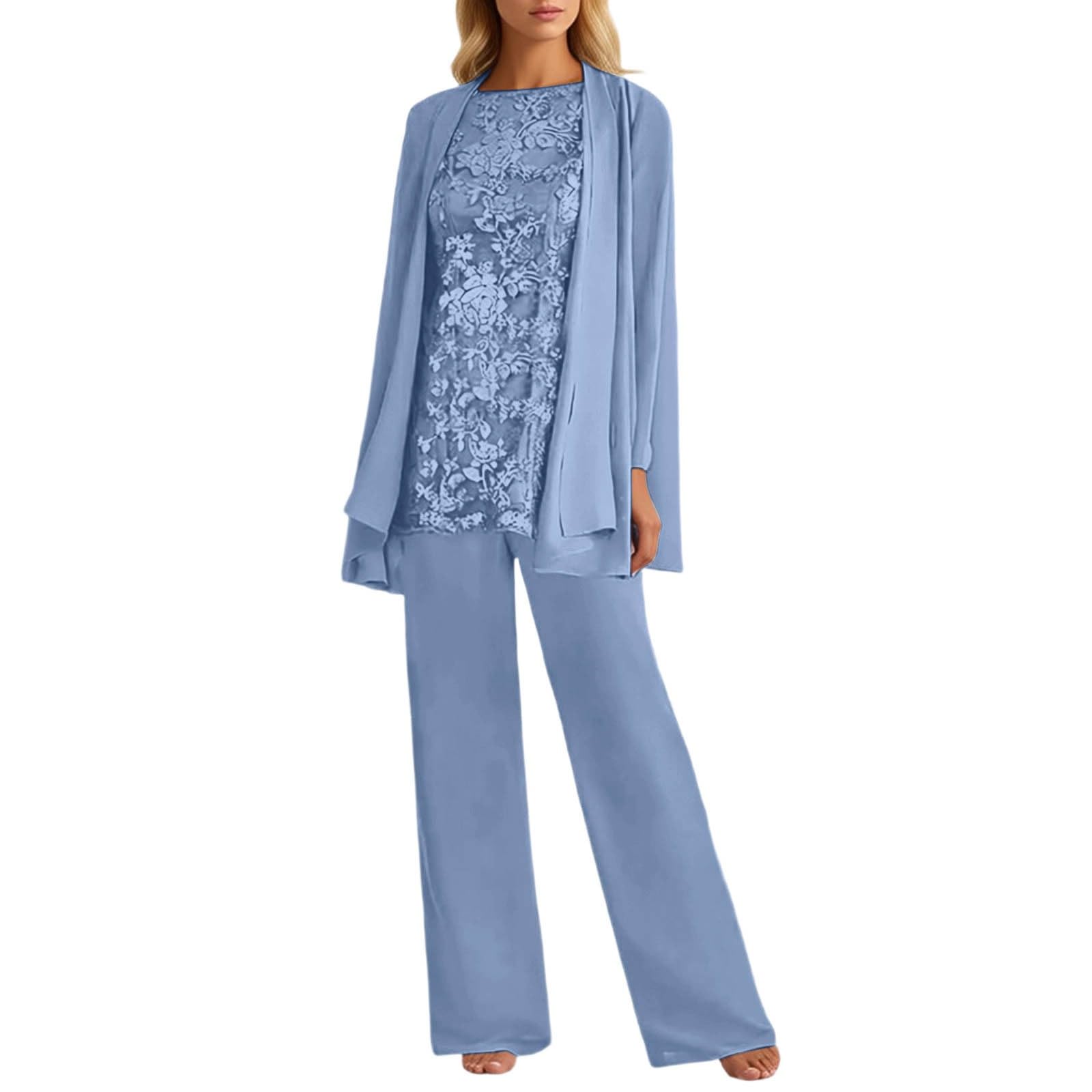Generico Completo Tre Pezzi Donna Taglie Forti Pantaloni Lunghi In Pizzo E Seta Fiorata Maniche Lunghe Per Invitati Di Matrimonio Ed Eventi