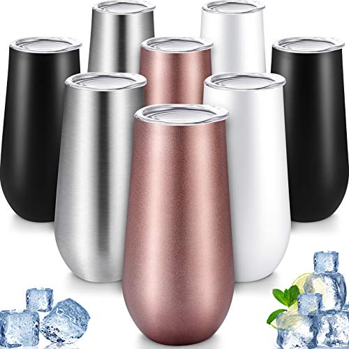 8 Packs Stemless Champagne Flutes Wine Tumbler 6 OZ Double-insulated Wine Tumbler with Lids Unbreakable Cocktail Cups Champagne Glasses for Toasting Sipping Rose Gold Silver Black White