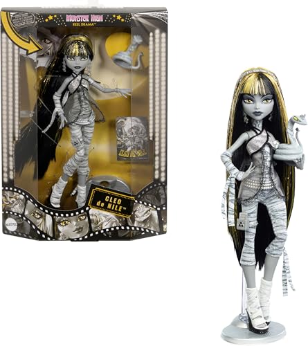 Monster High Drama de filme, boneca de Cleo de Nile, reprodução em preto e branco, colecionável com cartazes em tamanho real e de boneca, temática de filme de terror e animal de estimação, JDR65