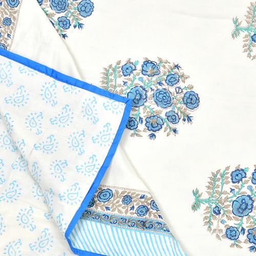 Image of BLOCKS OF INDIA Hand Block Printed Cotton Single Size Reversible Malmal Dohar for Summer (Blue Rose)