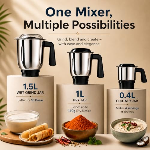 Image of Milton Artis Mixer Grinder, ISI Certified, Grindstone Blade Technology, 3 Jar, 800 W (22000 RPM), 5 yr motor warranty, 2 yr product warranty I Wine