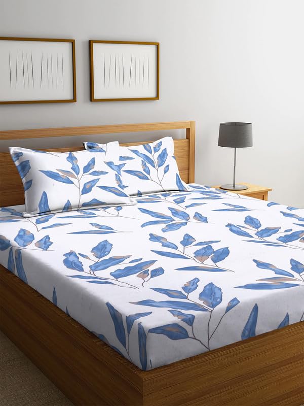 Image of NEW LEAF Premium Cotton Elastic Fitted Bedsheets with 2 King Size Pillow Covers | Double Bed with All Around Elastic 180 TC Supersoft |Size-72 King Sizex78+10 inches | Floral, White & Blue