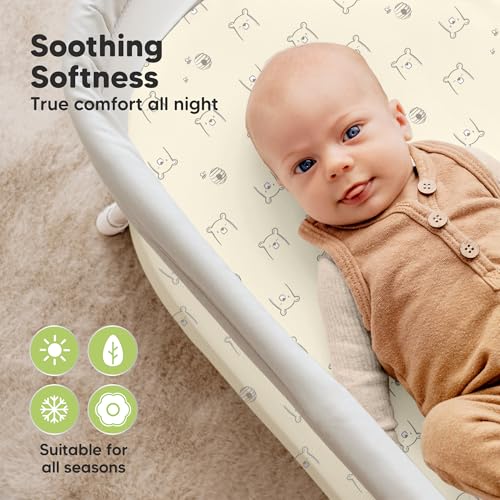 Image of 2-pk Waterproof Bassinet Sheets Girls, Boys, Cotton - 33x17 Universal Bassinet Mattress Pad Protector Cover,Compatible with Graco,Baby Delight,Chicco,Halo Bassinest Swivel Sleeper Fitted (Bumble Bear)
