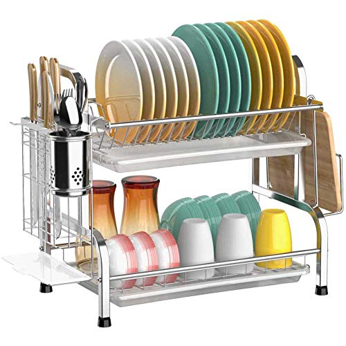Ocharzy Dish Drying Rack 2 Tier Dish Drainer with Drain Board, Utensil Holder, Cutting Board Holder for Kitchen Counter (Silver)