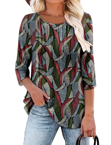 KISSMODA Tunic Tops for Women Loose Fit Dressy Round Neck Pleated 3/4 Length Sleeve Spring Tops