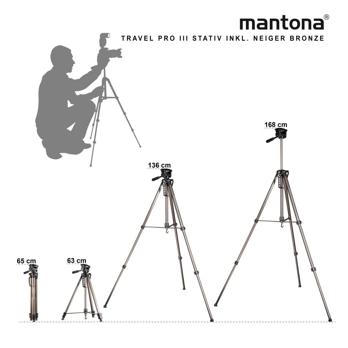 Mantona Basic Travel Pro III - Treppiede grande e leggero in alluminio a tre zampe con piastra a sgancio rapido, altezza 55-146 cm, portata 3 kg, leggero 1,07 kg, bronzo con custodia