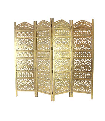 Deco 79 Traditional Carved Wood 4-Panel Room Divider, 72  H x 80  L, Weathered Gold Finish