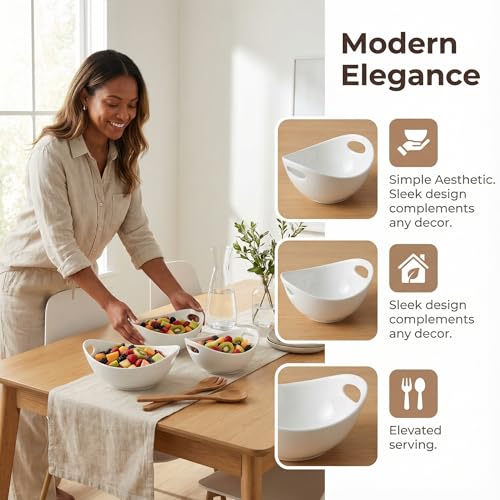 Ceramic Serving Bowls with Handles, Large Salad Bowl Set for Entertaining, Mixing, Serving Dishes for Parties, Kitchen, Housewarming & Everyday Use, Set of 3, 15/28/49 oz - Image 3