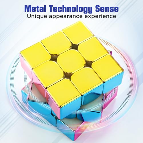 Image of D-FantiX Mirror Reflective Magnetic Speed Cube 3x3x3 with Display Stand, Shiny Metallic Color Fidget Toys for Kids 8-12, Original Stickerless Magic Cube Travel Toys, Birthday Gifts for Teen Girls Boys