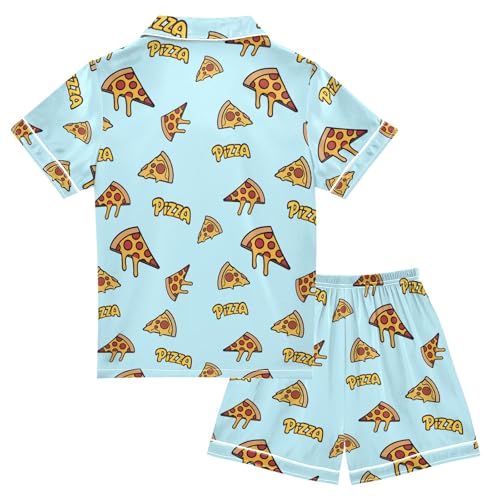Pizza Cartoon Simple Pattern Summer Satin Pajama Set, Cute Button-Down Sleepwear Pj Set for Sleep Wears2
