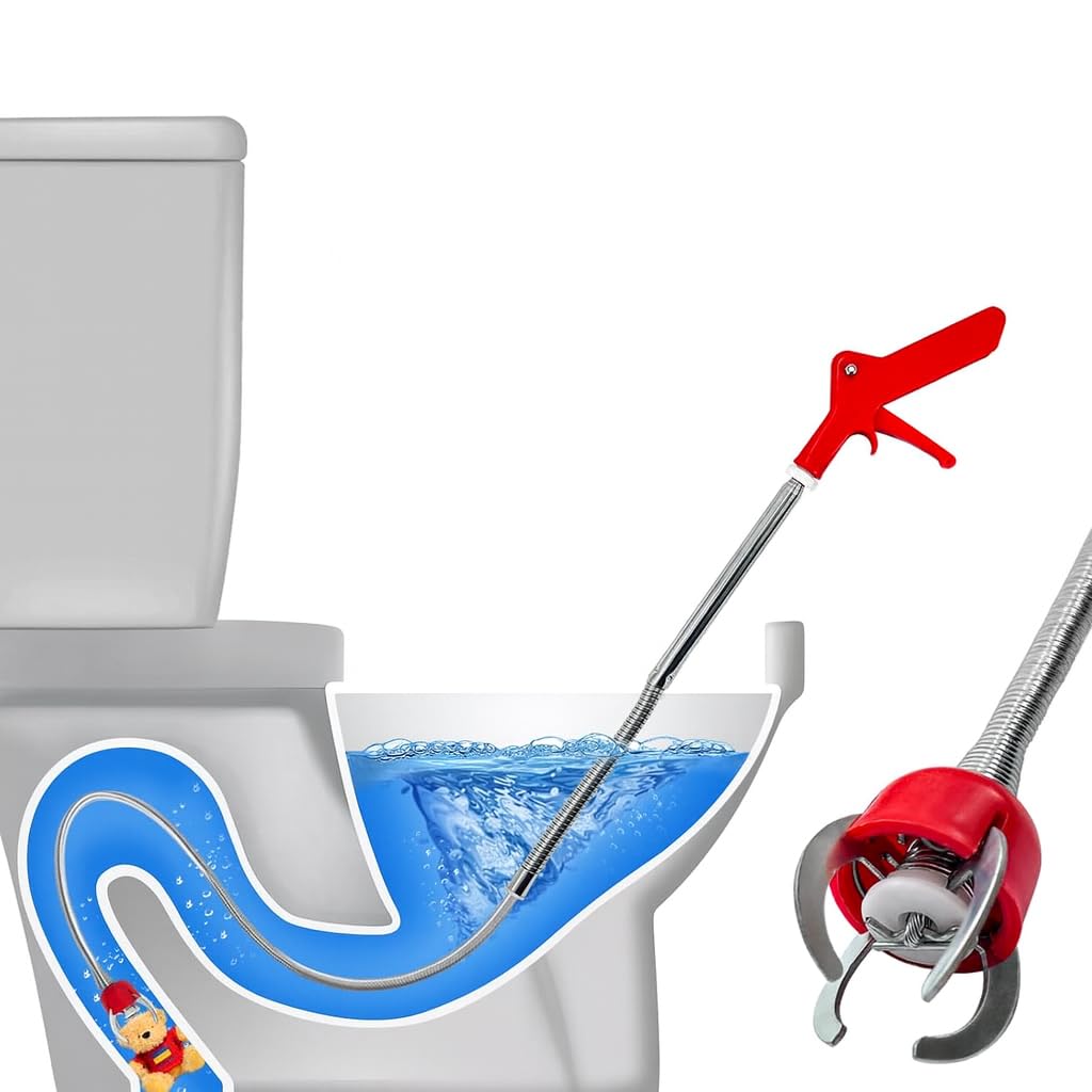 51 Inch Toilet Auger Snake with 4 Claw Grabber Fits Pipes 1.6 Inches or Larger Flexible Clog Removal Tool for Toilets and Drains Includes Gloves and Cleaning Brushes