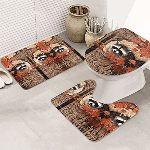Raccoon In The Fall Tree Print Rug Mats Pads Badematte Badezimmerteppich Set 3-teilig + Konturteppich + Toilettendeckelbezug