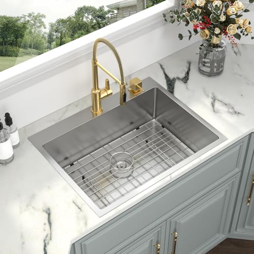 Image of Kichae 28 Drop in Kitchen Sink - 28x22 Inch Kitchen Sink Drop in 16 Gauge Stainless Steel Single Bowl Handmade Topmount Basin with Drain Strainer