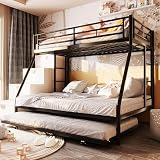 SUNLEI Twin Over Full Bunk Beds with Trundle, Heavy Duty Metal Triple Bunk Bed Frame, 3 Beds Space Saving Bunk Bed with Guardrails & Ladder, No Box Spring Needed, for Kids Teens Adults Bedroom, Black