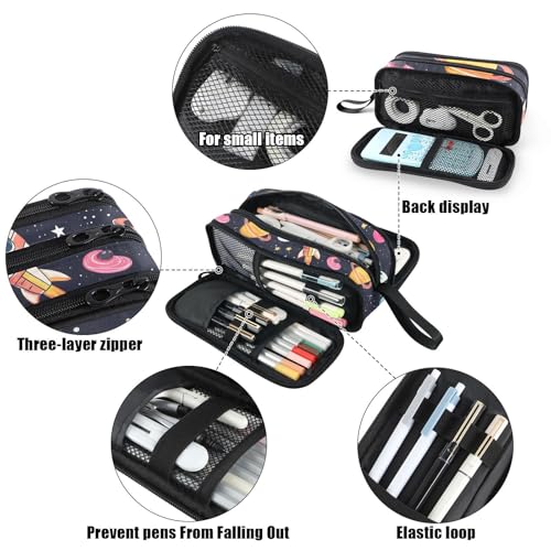 Image of Fustylead Hand Draw Space Rocket Planet Stars Large Pencil Bag Storage Pen Case Makeup Pouch Stationery Bag for School College Office Organizer