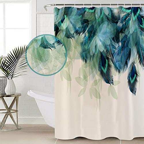 Prime Leader Watercolor Decor Shower Curtain Peacock Feather Pattern Waterproof Polyester Fabric Bathroom Shower Curtains Set with Hooks,72