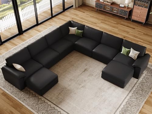 Image of EASE MOOSE Faux Leather Sectional Couch with Ottoman, Oversized Modular Sofa, Vintage Comfy Modular Couch, Scratch Resistant Material Sofas, U Shaped Couch for Living Room, Black