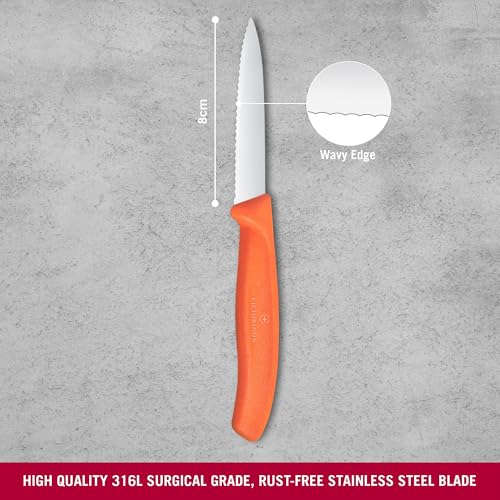 Image of Victorinox Swiss Made, Stainless Steel Swiss Classic Paring Knife, 8 cm, Wavy Edge with Pointed Tip, Professional and Household Use, Kitchen Tools & Items, Orange, 6.7639.C1 | Multipurpose Knife