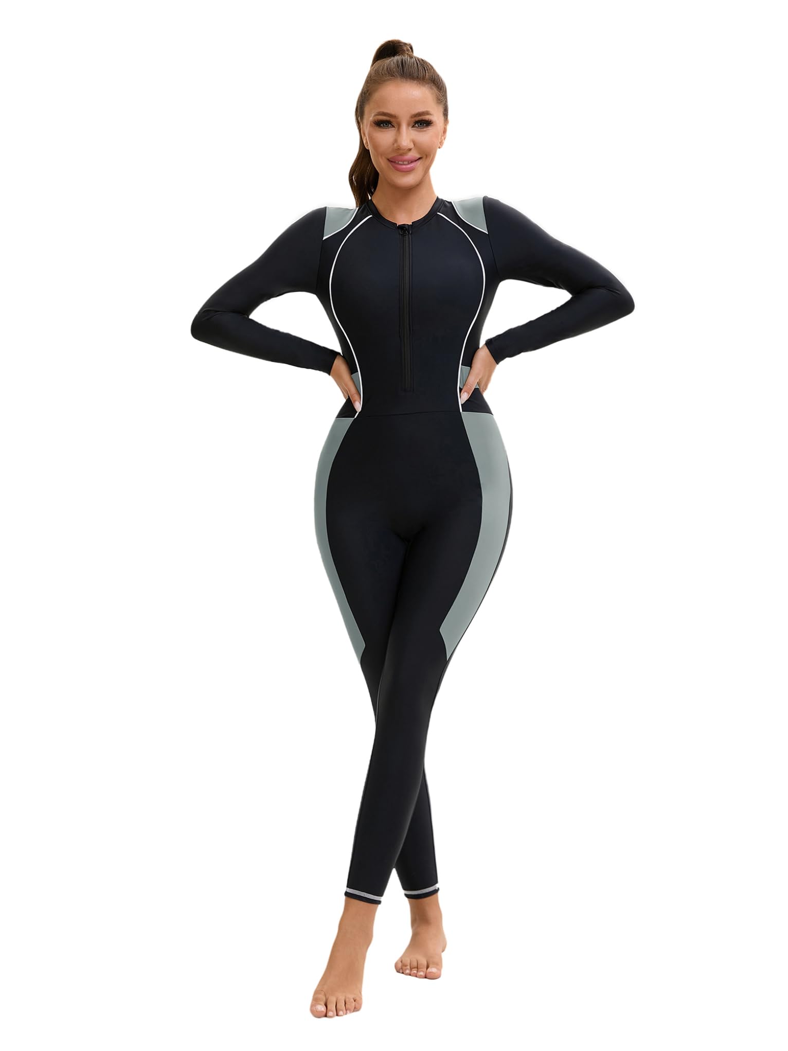 Mufeng Maillot de Bain Femme Zip Up Manches Longues Rashguard Protection Fermeture éclair Surf Combinaison de Sport Natation