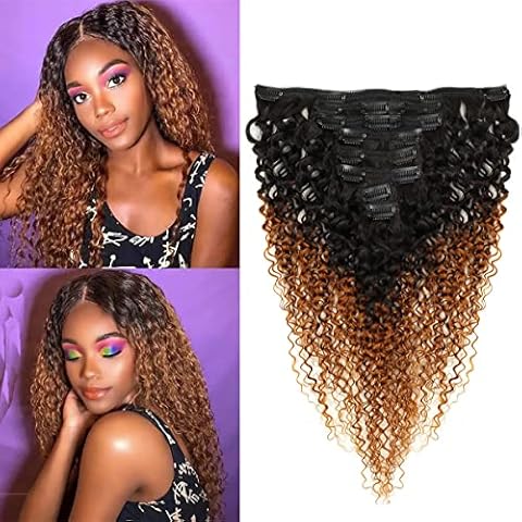 Seelaak 16 Inches Ombre Brown 1B /30 Afro Kinky Curly Clips in Hair Extensions 100% Virgin Human Hair 1B/30 Ombre Color Kinky Curly Clip Ins Hair Extension for Black Women Thick and Full End (16") Cover
