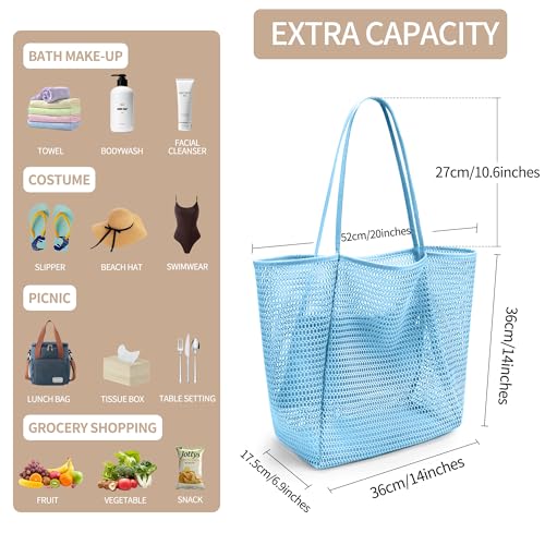 VOROLO Mesh Tote Beach Bag,Women Fairycore Hobo Bag,Shoulder Bag,Soft Summer Casual Crochet Bags(Sky Blue)3
