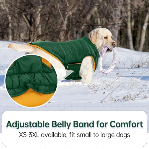 Image of Lelepet Reversible Dog Coat Windproof Dog Jacket Lightweight Puffer Vest | Dogs Puffer Coat for Medium Dogs Adjustbale Hook & Loop Pet Apparel Cold Weather Coats with Leash Hole, Pug, Green, M