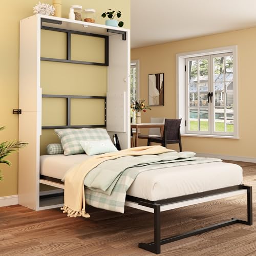Moimhear Cama Murphy, cama plegable de pared con marco de metal, combinación de marco de metal y tablero de madera, con fijación a la pared con cerradura (blanco + negro, 90 x 200 cm)