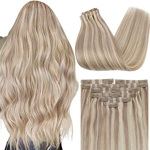 PU Clip in Hair Extensions Ash Blonde Highlights Bleach Blonde Seamless Clip in Human Hair Extensions 14inch 130g