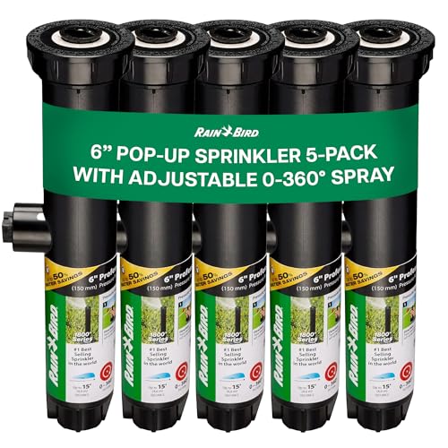 Rain Bird 1806VAN 1800 Series Professional 6 Inch Pop Up Sprinkler Head, 5 Pack - Lawn Sprinkler with Adjustable 0-360 Degree Arc Nozzle Pattern, Up to 15 Ft Spray Distance, 1/2 in NPT Threaded Inlet