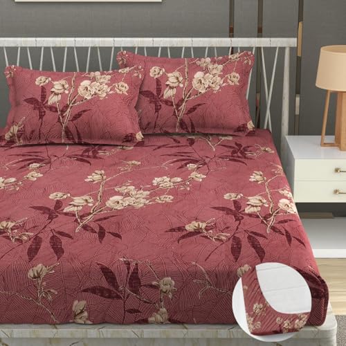 Image of Premium Heavy Cotton Elastic Fitted Bedsheets with 2 King Size Pillow Covers | Diwan Bed with All Around Elastic 350 TC | 48 x 78 x 6 Inch Diwan Size Fitted | :- Baby Pink Flower