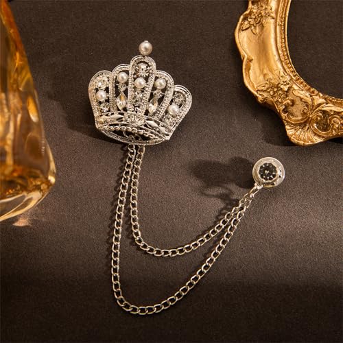 Image of coadipress Crown With Hanging Chain Brooch for Women Men Elegant Gentlemen Gold Silver Crystal Crown Lapel Pin Vintage Rhinestone Wedding Brooch Suit Shirt Pin Accessories