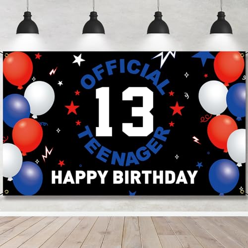 HTDZZI Happy 13th Birthday Decoration for Boys Girls, Fabric 13th Birthday Backdrop Banner, Official Teenager 13 Year Old Birthday Party Yard Sign, Photo Booth Props Decor, Blue White Red