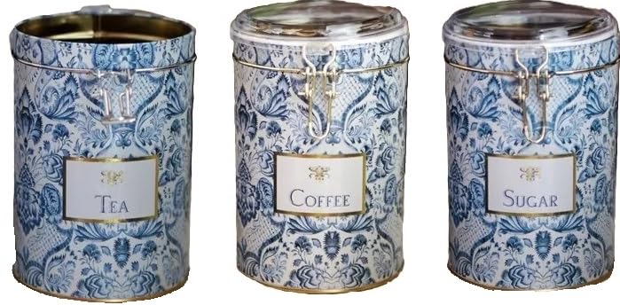 Nobel Rustic Modern Canister - Set of 3 Tea Coffee Sugar Jars (Blue Floral ACRYLIC Lids) - 10.5 cm x 10.5 cm x 15 cm