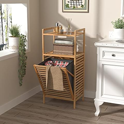 QSSLLC Bamboo Tilt-Out Laundry Hamper Cabinet, Bathroom Storage Cabinet with Basket, Shelves and Handles for Clothes, Bedroom, Closet Natural&Gray Cover