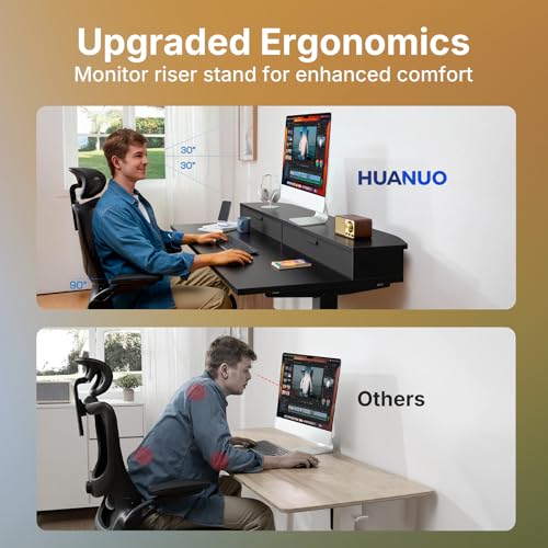 Image of HUANUO 32 inch X 21 inch Electric Standing Desk with 2 Drawers, C-Clamp Mount Compatible, Height Adjustable Computer Desk, Home Office Stand Up Desk with 4 Preset Heights & 2 Hooks, Black